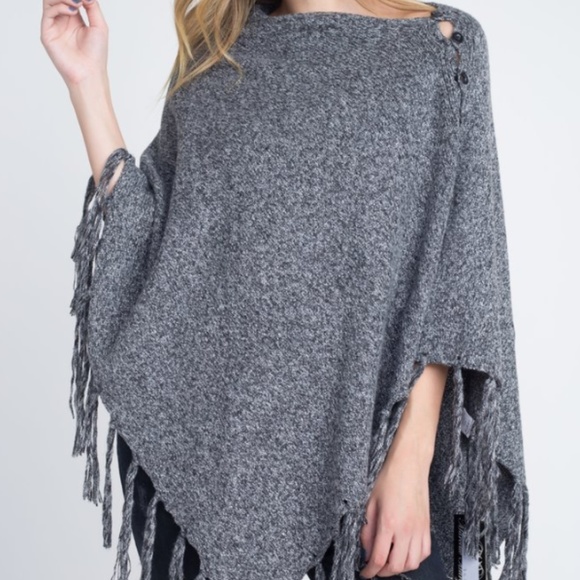 V-Shaped Fringed Poncho with Buttons - Picture 1 of 6
